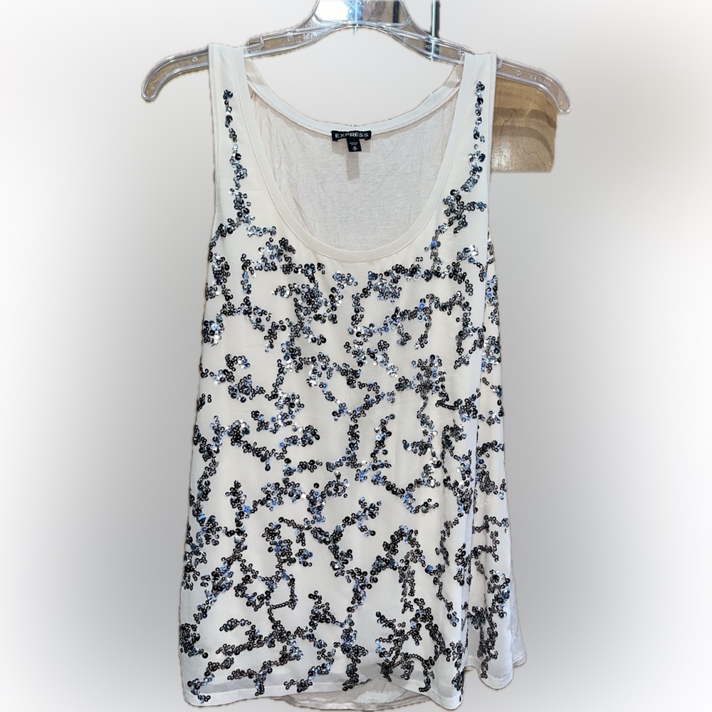 Express Cream Sequin Scoop Neck Sequin Embellished Tank M
